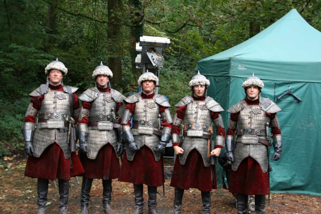 Actors dressed as soldiers on a TV filming set