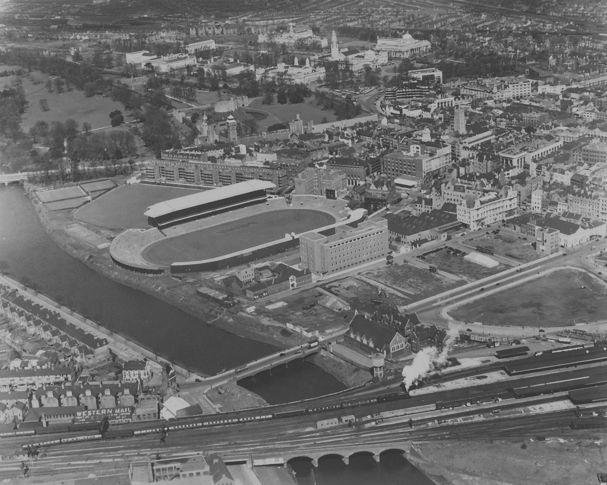 Aerial photo of Cardiff Arms Park from 1950