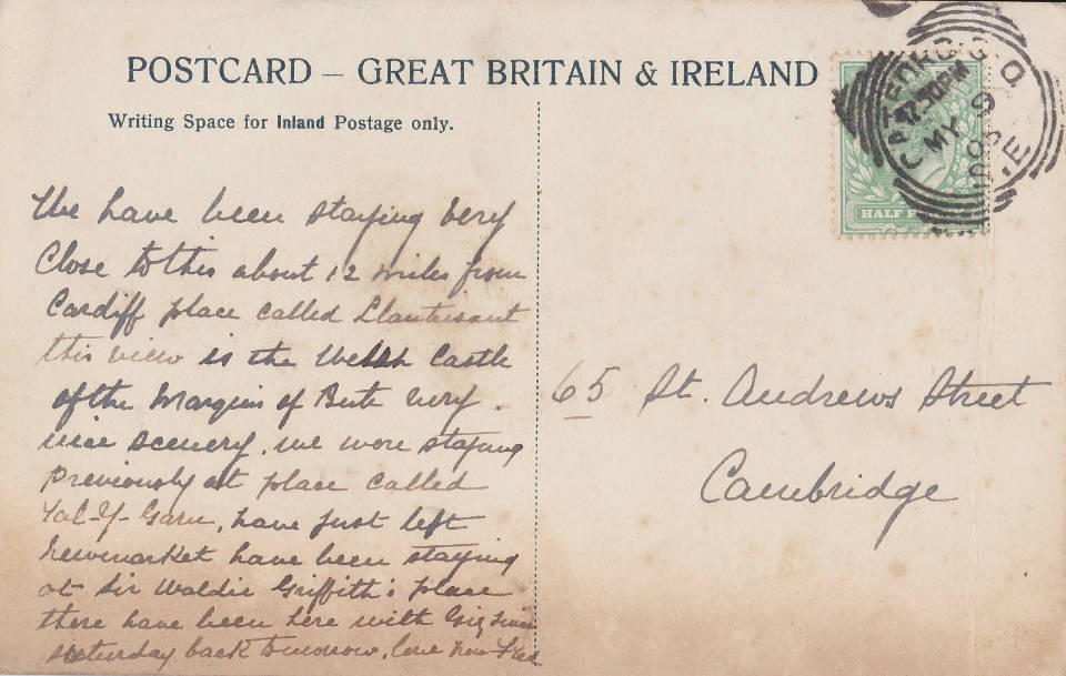 Back of postcard of Castell Coch from 1905