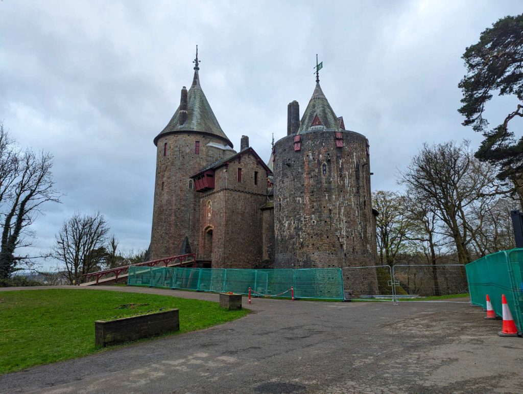 Castell Coch with construction barriers erected in front