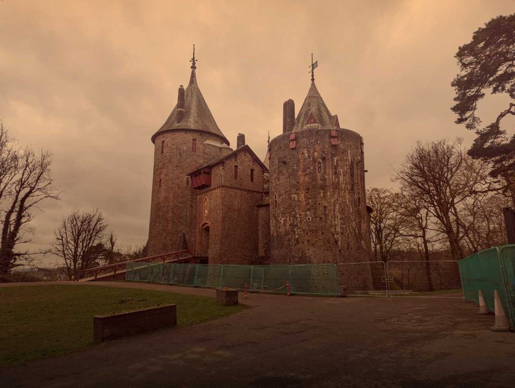 Castell Coch with construction barriers erected in front