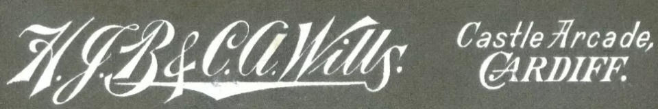 Section of an old photo showing the wordmark for HJB & CA Wills of Castle Arcade, Cardiff.
