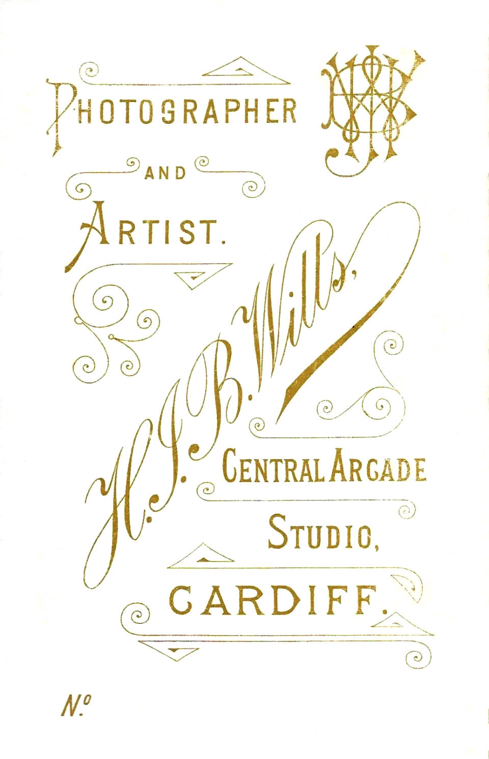 Reverse of an old photo by HJB Wills. Contains text, "Photographer and Artist. Central Arcade Studio, Cardiff".