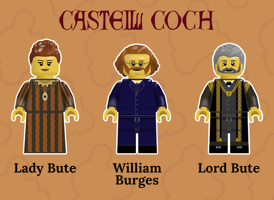 Illustration of Lady Bute, William Burges and Lord Bute as Lego minifigs