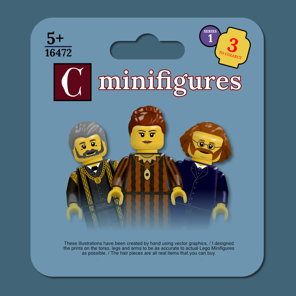 Illustrations of Lady Bute, Lord Bute and William Burges as Lego minifigures on a mockup of the Lego Collectible Minifigure box