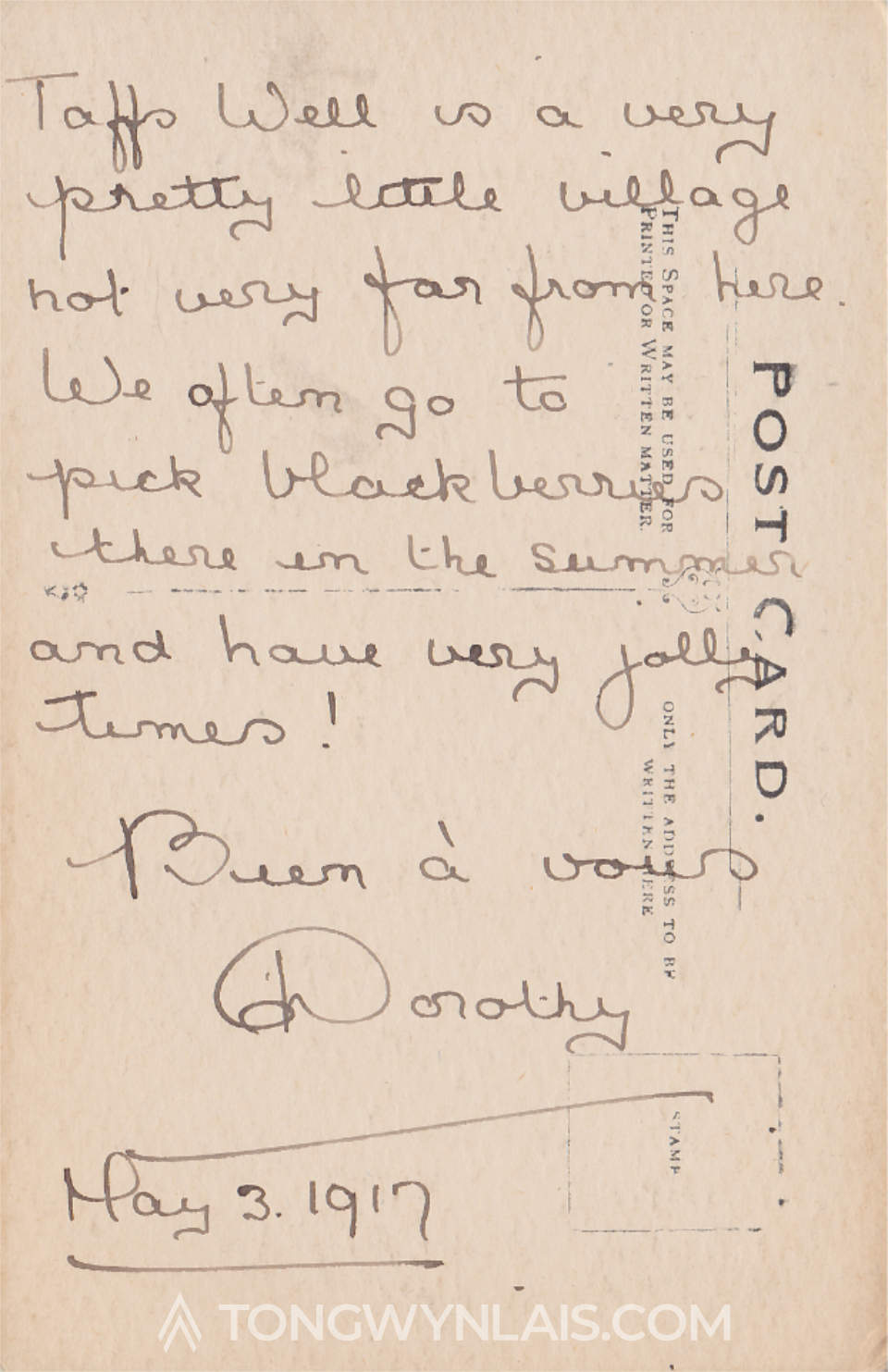 Back of an old postcard featuring a photo of Castell Coch that was written in 1917