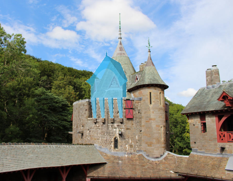 A photo of the Well Tower at Castell Coch with an outline that shows the location of the demolished chapel.