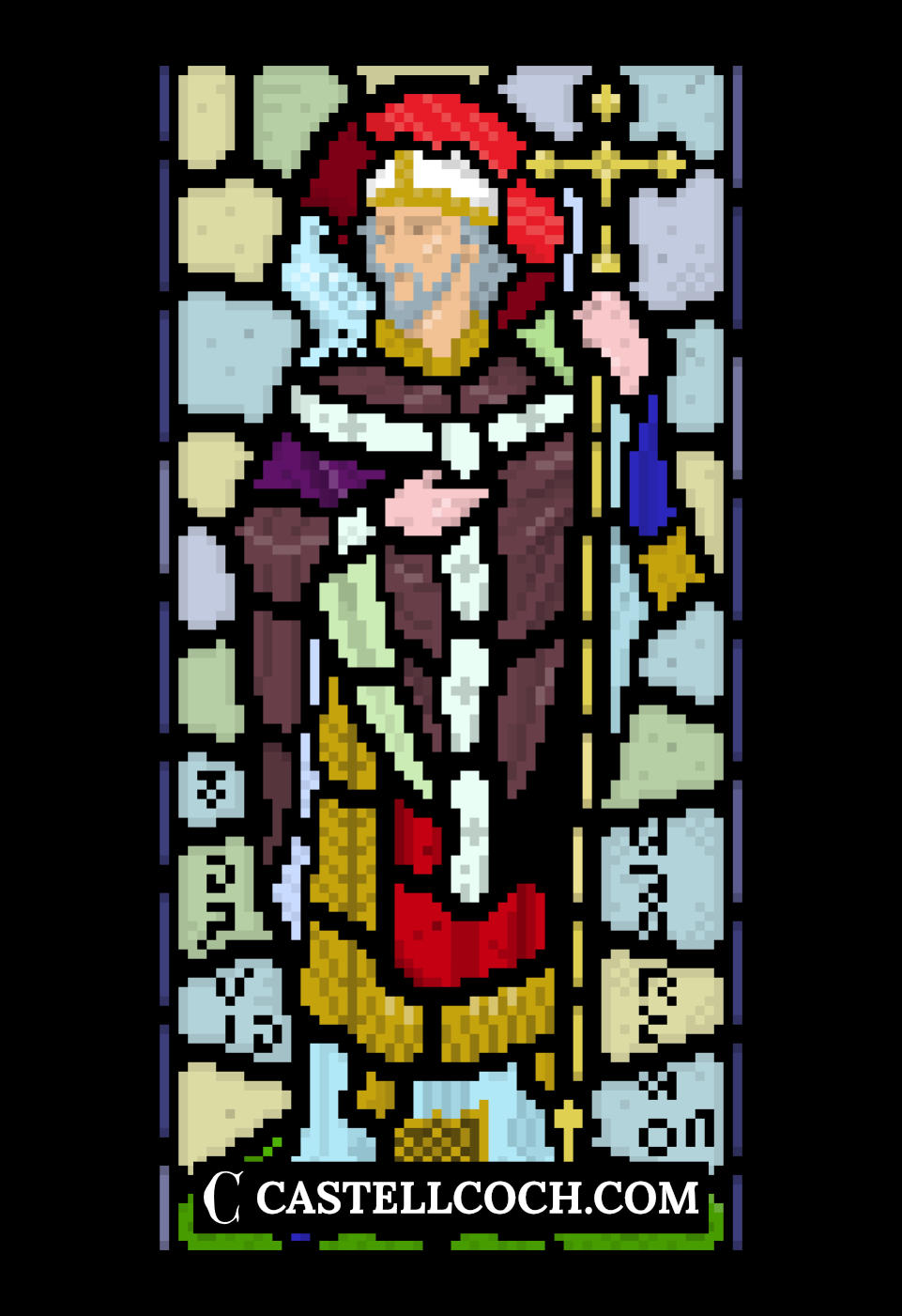 Pixel art illustration of the stained glass window at Castell Coch featuring St David