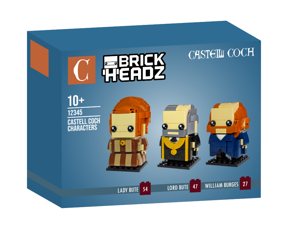 A mockup of a box featuring custom made Lego MOCs of Lady Bute, Lord Bute and William Burges as Lego BrickHeadz characters.