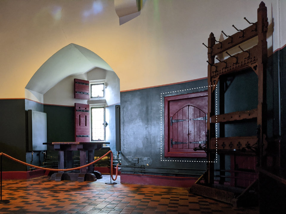 The kitchen at Castell Coch showing the hidden cupboard.